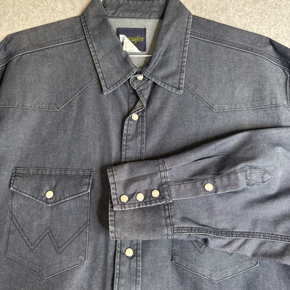 Wrangler Other - Wrangler Western Shirt Mens XL Dark Blue Denim Pearl Snap Cowboy Long Sleeve EUC